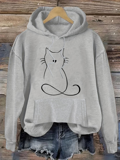 Cat Print Kangaroo Pocket Hoodie – Casual Drawstring Hooded Sweatshirt