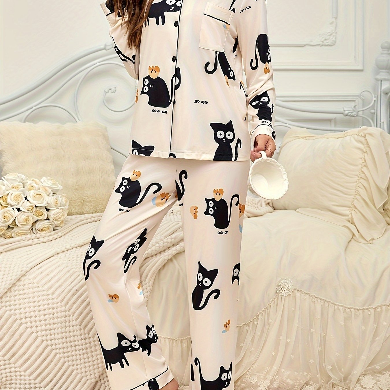 Cozy Women's Pajama Set with Cute Cat Print – Perfect for Fall & Winter