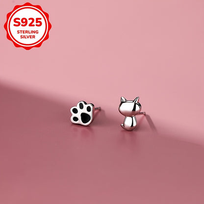 Elegant Cute Animal Theme 925 Sterling Silver Stud Earrings – Cat and Paw Print Design