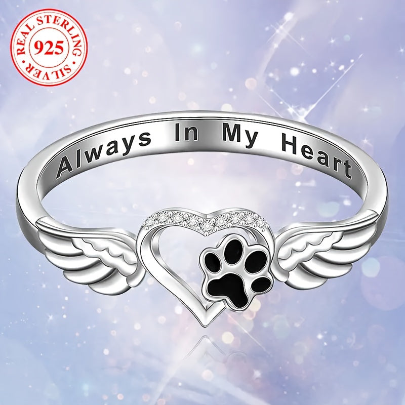 Boho & Cute Style 925 Sterling Silver Heart & Pet Claw Wing Design Ring – Inlaid Shiny Zirconia