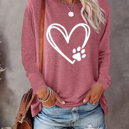 Dog Paw Heart Pattern T-Shirt – Women's Long Sleeve Casual Top for Fall & Spring