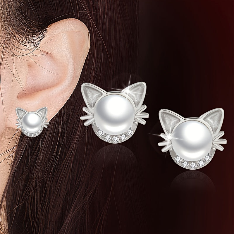 Adorable Cat Design Stud Earrings with Imitation Pearl – Elegant Vintage Style for Women