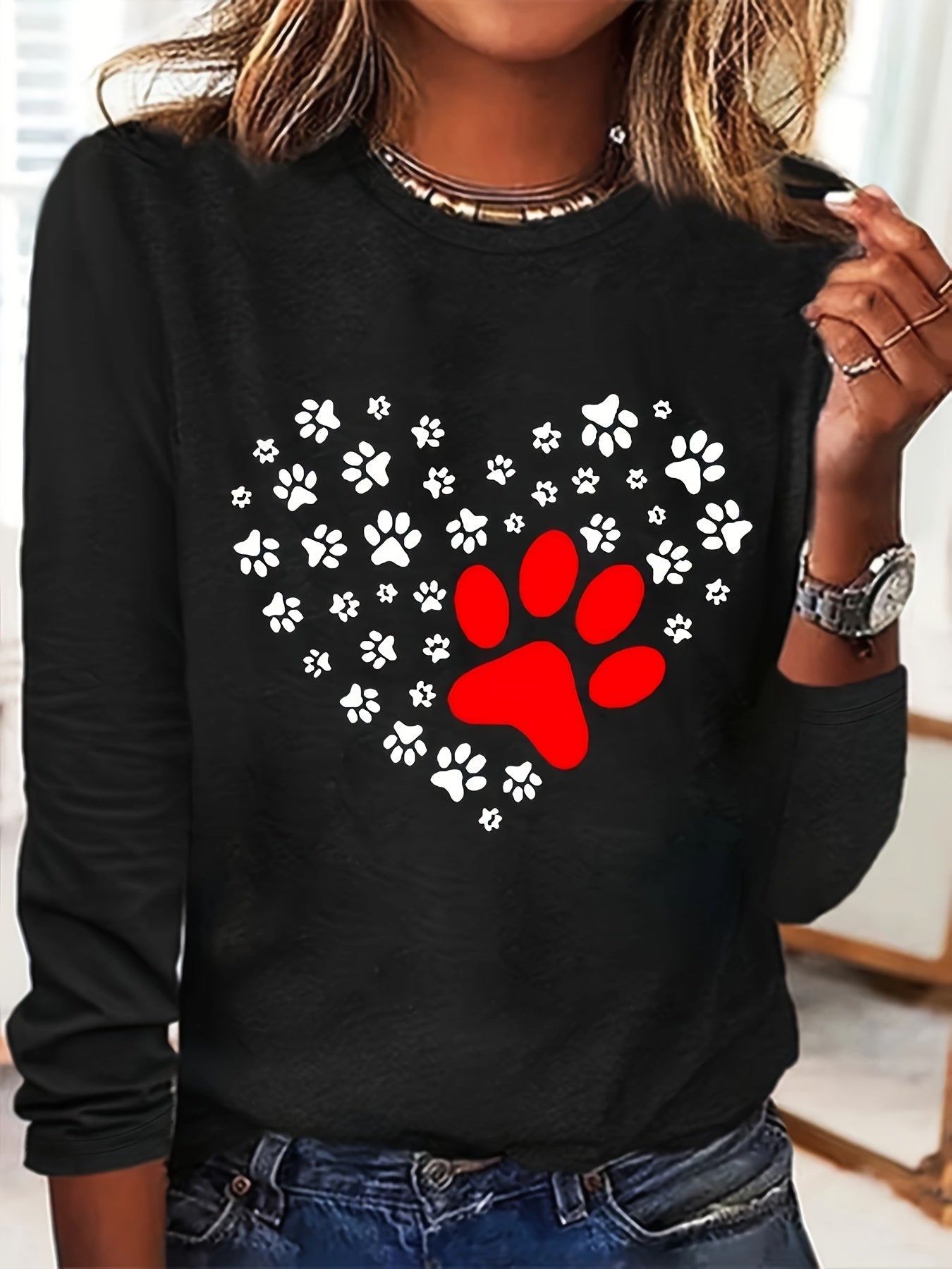 Women's Casual Crew Neck Long Sleeve T-Shirt – Geometric Paw Print Heart Design