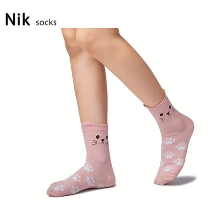 WhimsyCat Women’s Crew Socks – Cute Cat Face & Paw Print Design