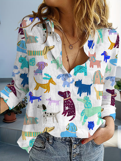 Women's Casual Long Sleeve Button-Up Shirt with Colorful Cute Dogs Pattern