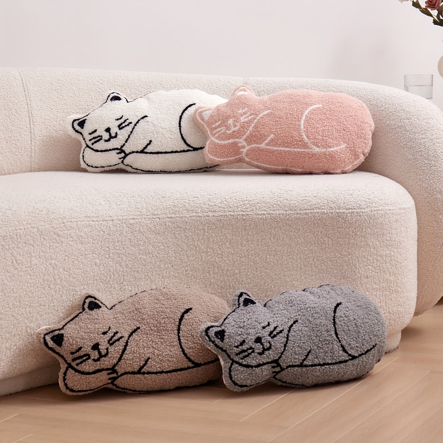 Charming Cat-Shaped Embroidered Throw Pillow with Insert - Soft Polyester, Easy Care