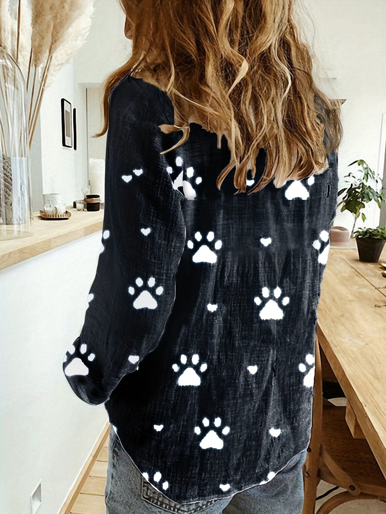 Paw Print Button Front Shirt – Cute & Casual Long Sleeve Top for Spring & Fall