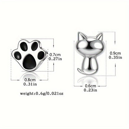 Elegant Cute Animal Theme 925 Sterling Silver Stud Earrings – Cat and Paw Print Design