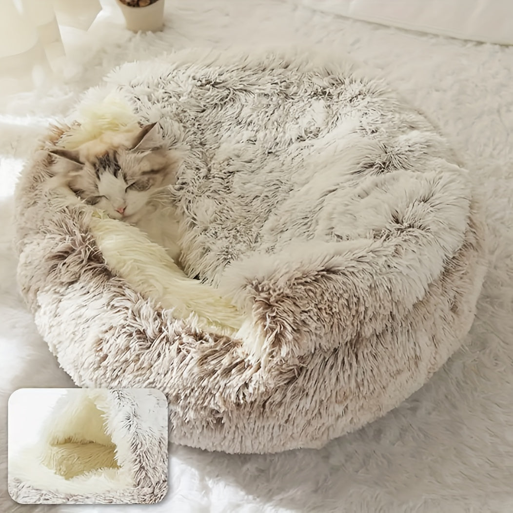 Plush Round Hooded Pet Bed – A Cozy Retreat for Your Furry Friends