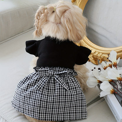 Dog Pastoral Plaid Bow Bud Dress with Flying Sleeves