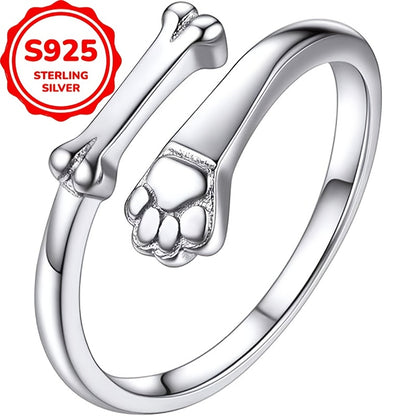 Adjustable Sterling Silver S925 Dog Paw and Bone Ring – Hypoallergenic Jewelry Gift for Women