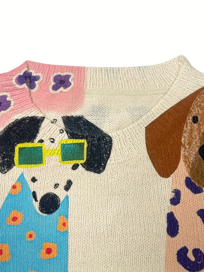 Women's Fashion Knit Sweater - Cartoon Dogs Pattern