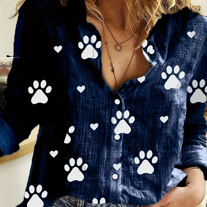 Paw Print Button Front Shirt – Cute & Casual Long Sleeve Top for Spring & Fall