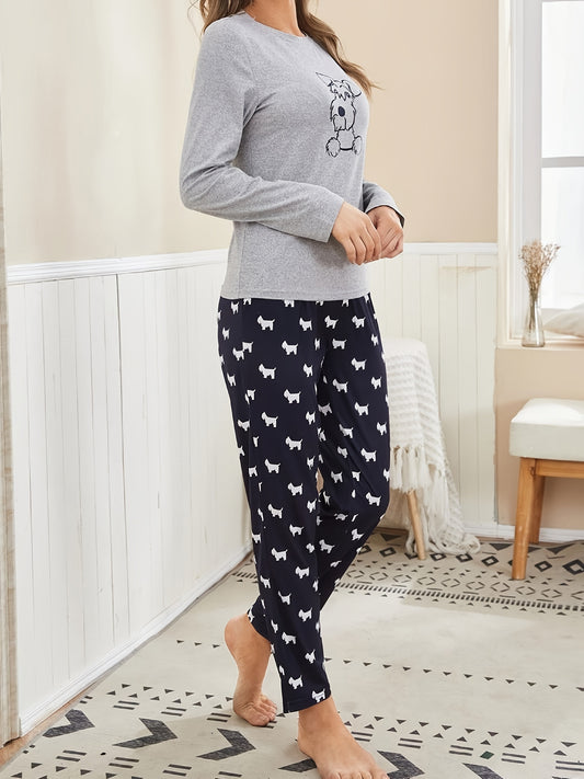 Cartoon Dog Print Pajama Set |  Featuring a cute and playful dog print, this set includes a long-sleeve crew neck top and matching elastic waistband pants, making it the ultimate loungewear for dog lovers.
