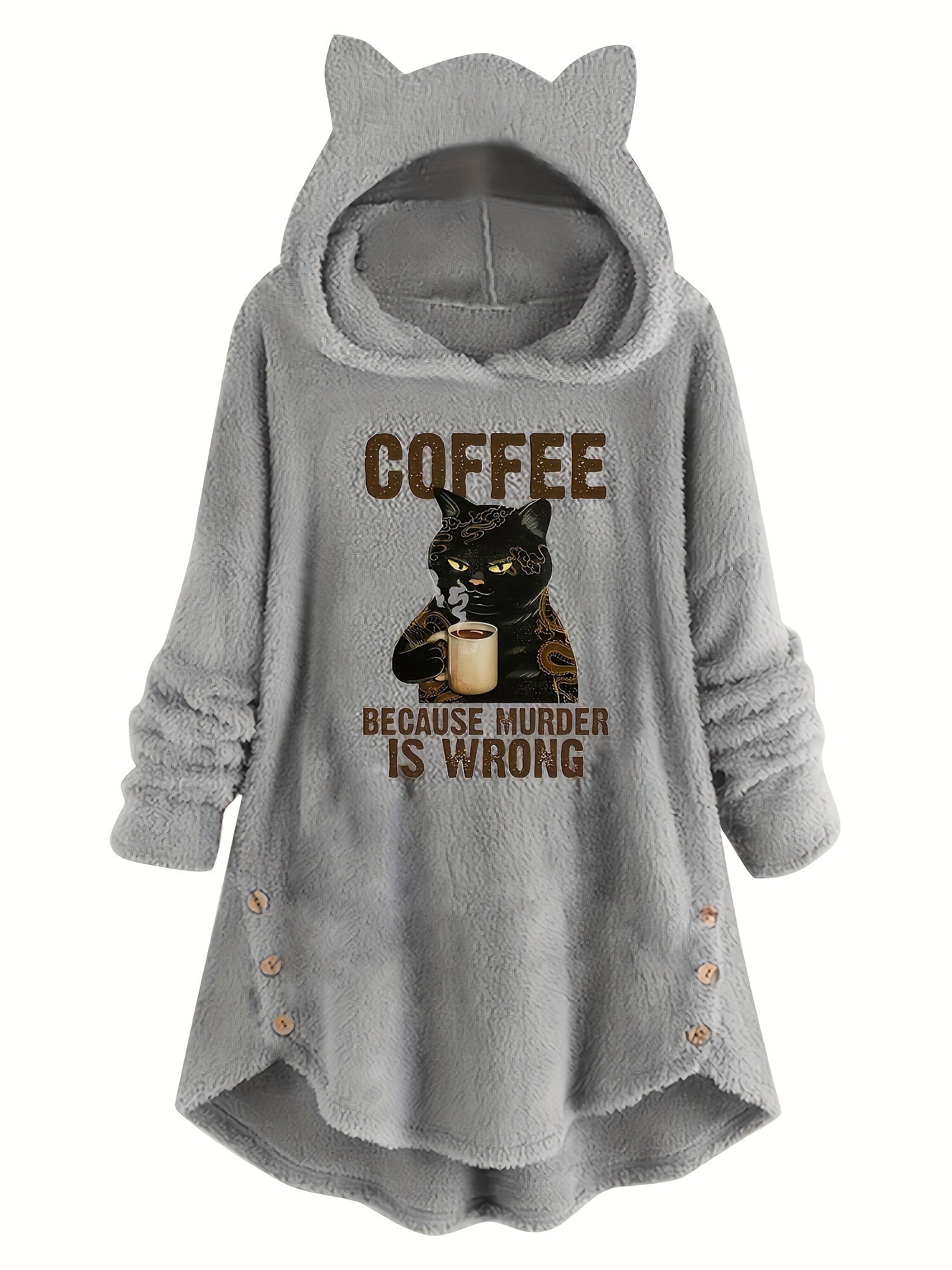 Stay warm and stylish with this pet themed Cat & Slogan Print Teddy Hoodie—the perfect blend of comfort and charm for casual days.