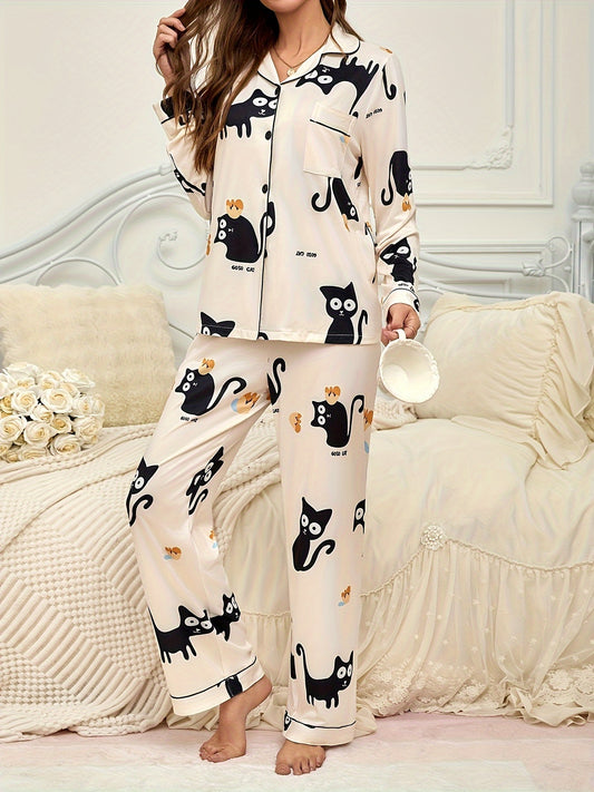 Unwind in ultimate comfort and style with this Cozy Pet Themed Women's Pajama Set featuring an adorable cat print.   Button down long sleeve top with pocket.