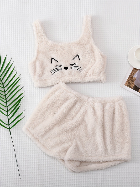 Cat Print Plush Pajama Set features a soft and plush fabric adorned with a playful cat print.  crew neck tank top and elastic waistband shorts