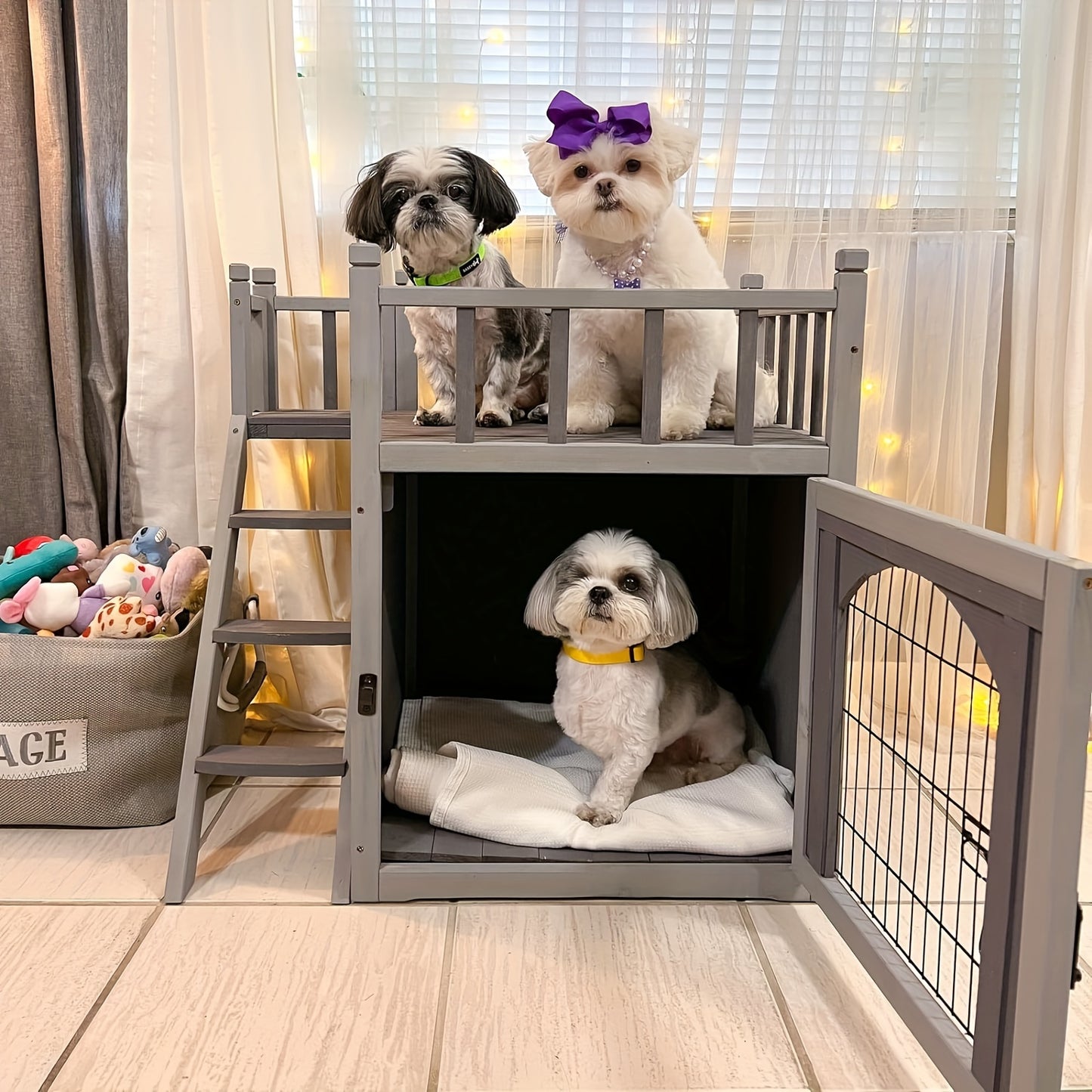 Indoor & Outdoor 2-Story Pet House with staircase. A Multi-functional crate designed for cats, small dogs, and feral pets.