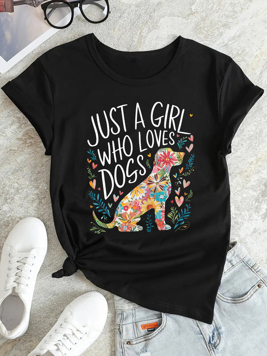 Black short sleeve Floral Print T-Shirt with "Just A Girl Who Loves Dogs" print and floral dog silhouette