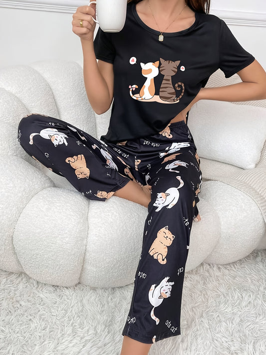 Cartoon Kitten Pattern Women's Pajama Set. Featuring an adorable kitten design. The soft, breathable fabric and relaxed fit make it perfect for any pet lover