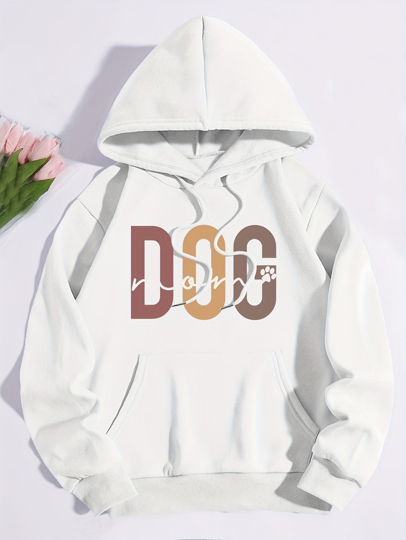 Dog Mom Print Hoodie. Available in multiple colors, this stylish casual sweatshirt is perfect for any pet lover