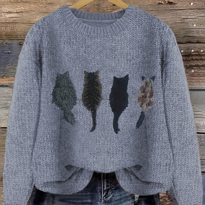 Cat Print Crew Neck Color Block Casual Pullover Sweater