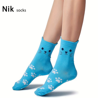 WhimsyCat Women’s Crew Socks – Cute Cat Face & Paw Print Design