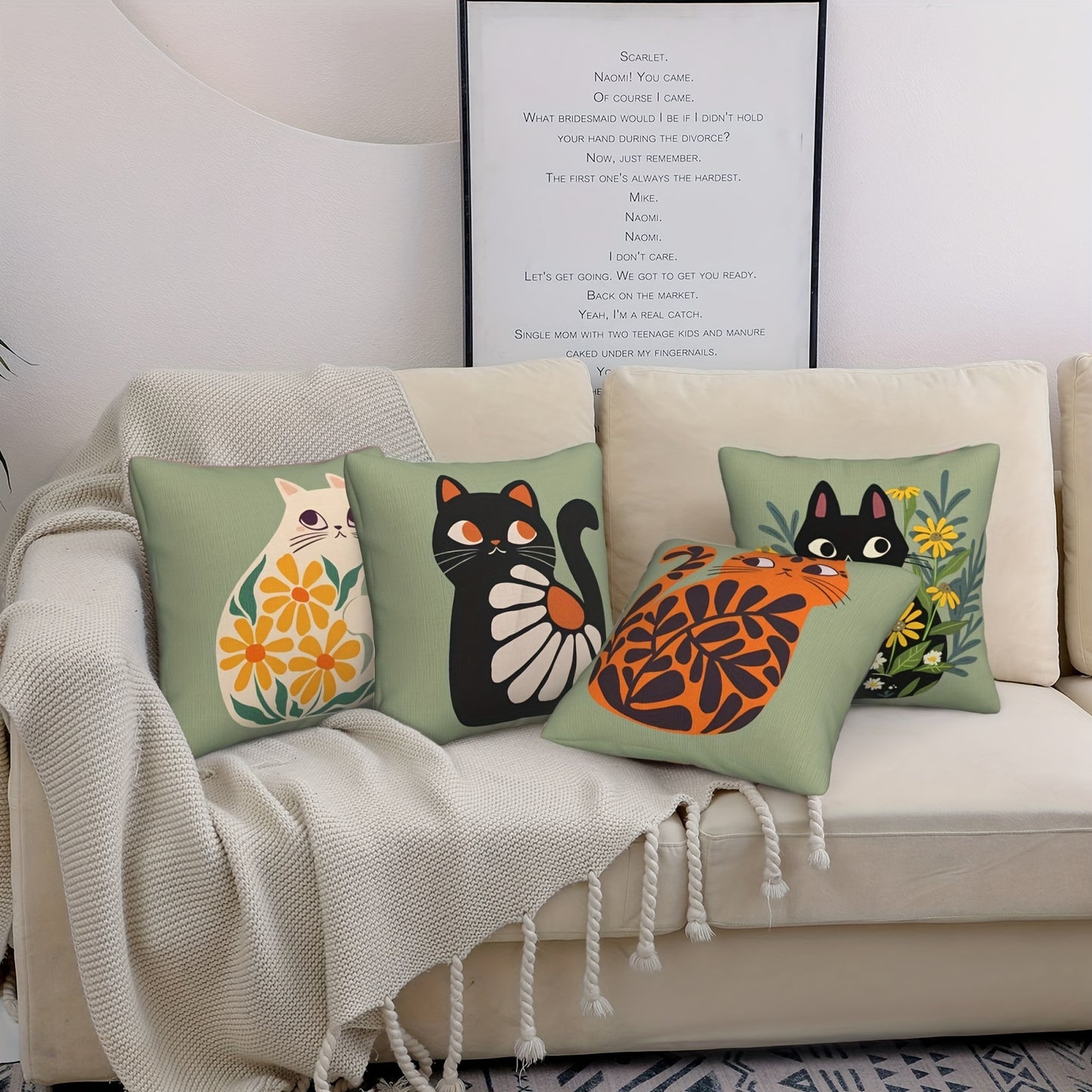 4 Pcs Chic Linen Blend Square Throw Pillow Covers – Green Cat & Floral Design