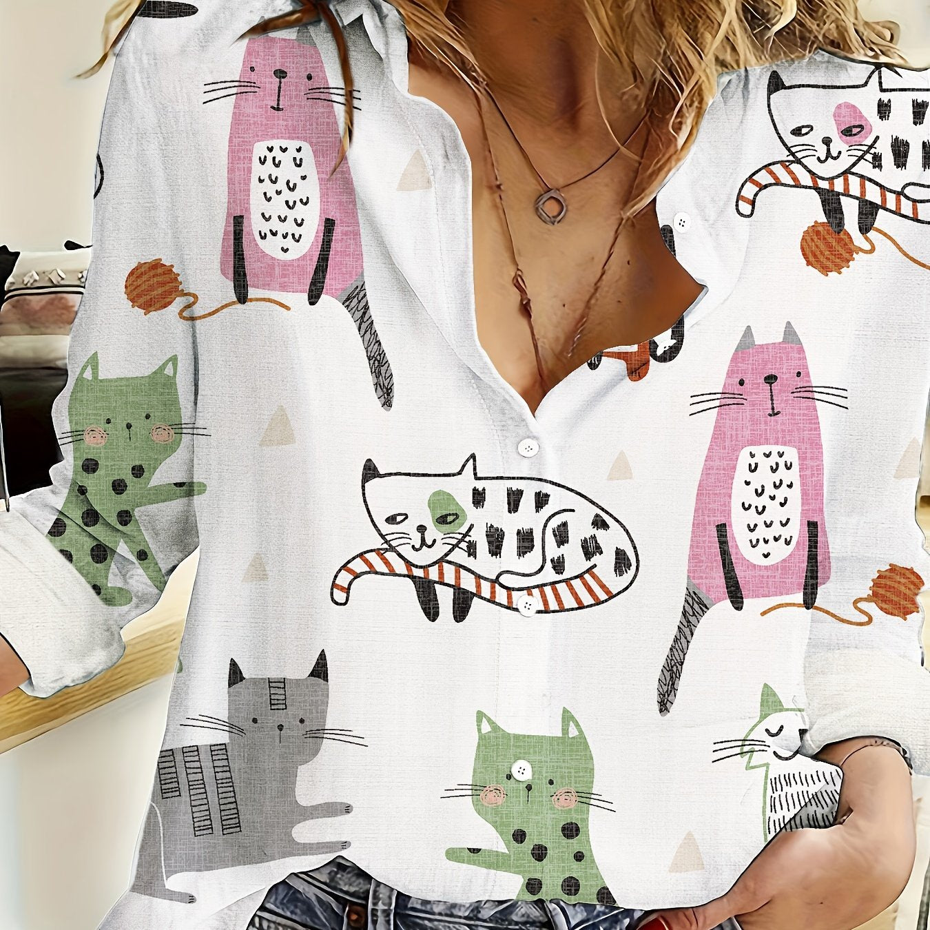 Cartoon Print Button Front Shirt – Casual Long Sleeve Cardigan for Spring & Fall