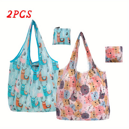 Reusable Polyester Grocery Bags - Cute Cat & Dog Design (2pcs)