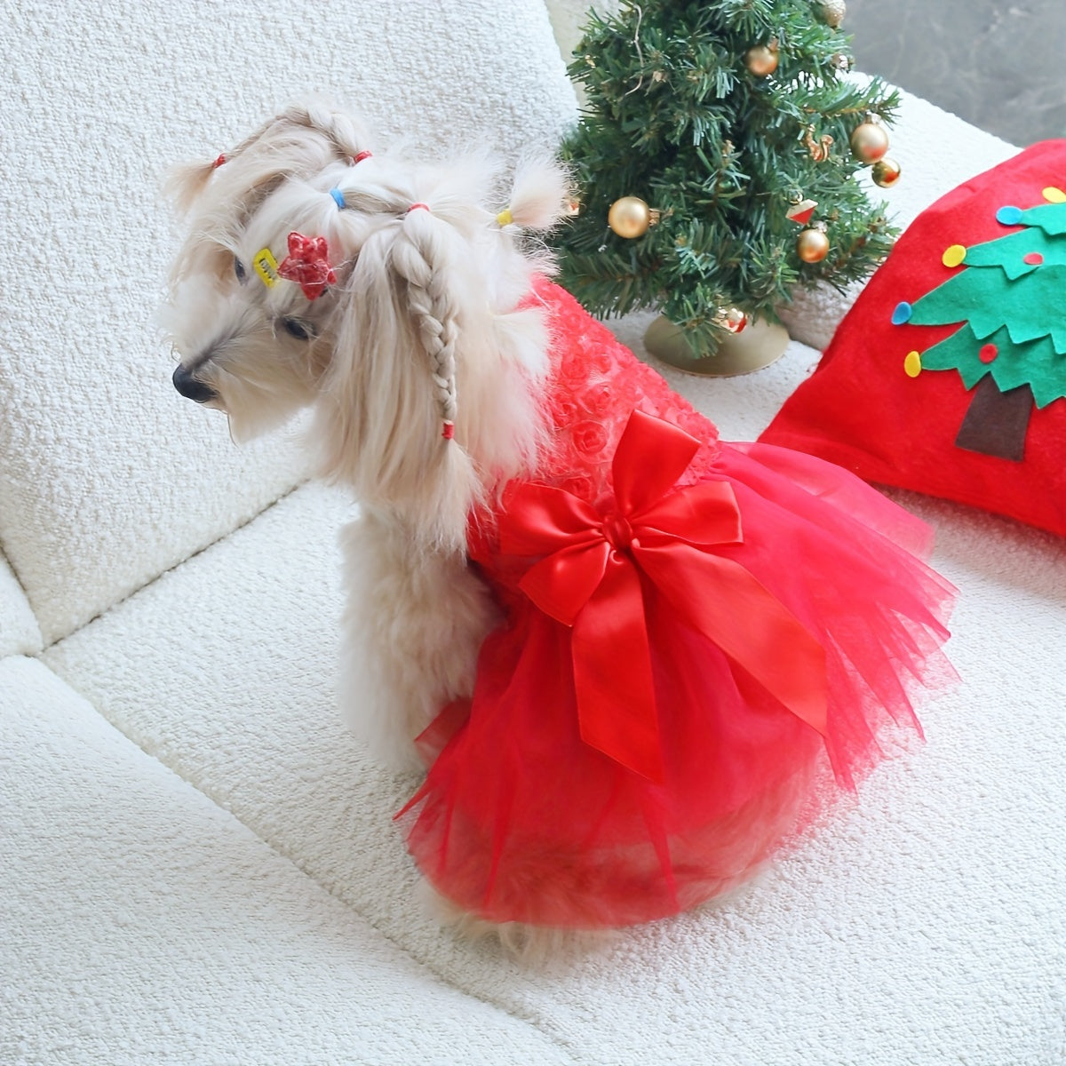 Red Rose 3D Floral Tulle Dress with Bowknot