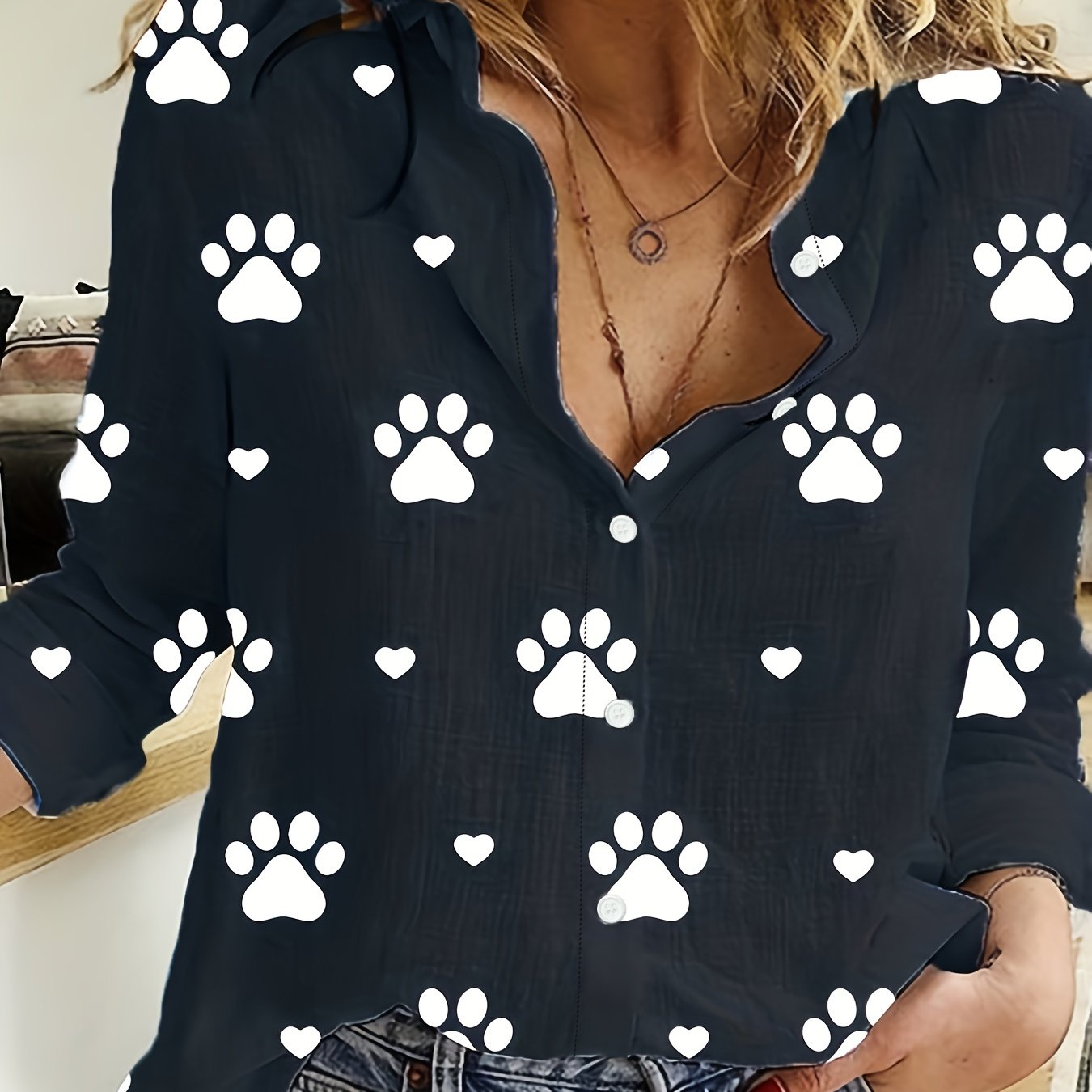 Paw Print Button Front Shirt – Cute & Casual Long Sleeve Top for Spring & Fall