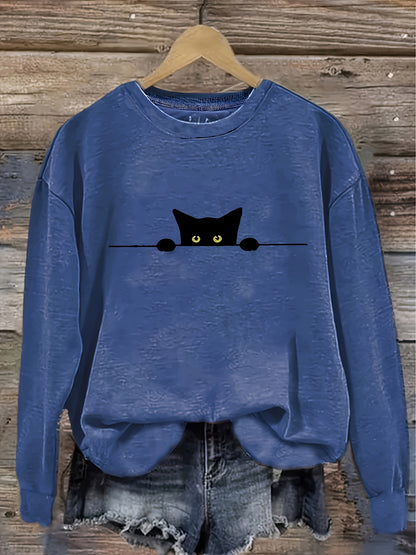 Cat Print Pullover Sweatshirt – Casual Long Sleeve Crew Neck Sweatshirt for Fall & Winter