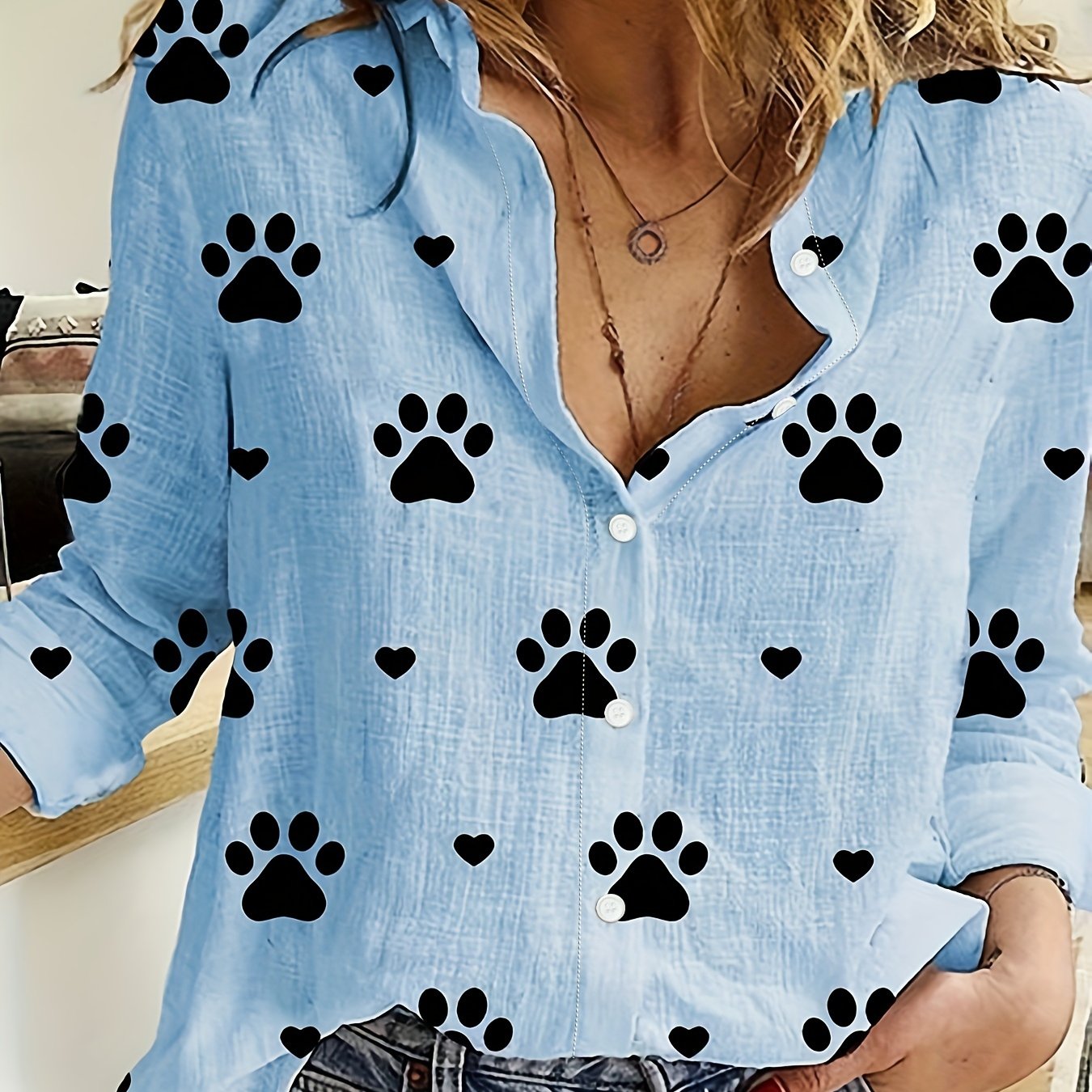 Paw Print Button Front Shirt – Cute & Casual Long Sleeve Top for Spring & Fall