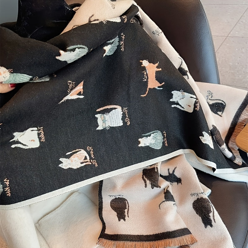 Casual Animal Pattern Embroidered Cat Scarf – Double-Sided Woven Polyester Shawl for Warmth and Style