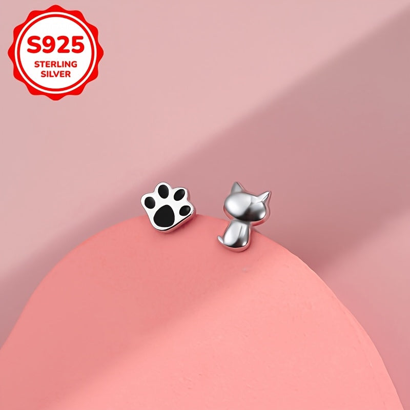 Elegant Cute Animal Theme 925 Sterling Silver Stud Earrings – Cat and Paw Print Design