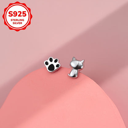 Elegant Cute Animal Theme 925 Sterling Silver Stud Earrings – Cat and Paw Print Design