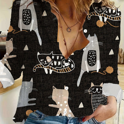 Cartoon Print Button Front Shirt – Casual Long Sleeve Cardigan for Spring & Fall