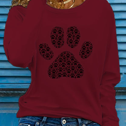 Adorable Puppy Paw Print Tee - Soft, Casual, Long Sleeve Crew Neck T-shirt for Women - Comfortable, Relaxed Fit, Animal Lover's Gift Idea, Women's Clothing