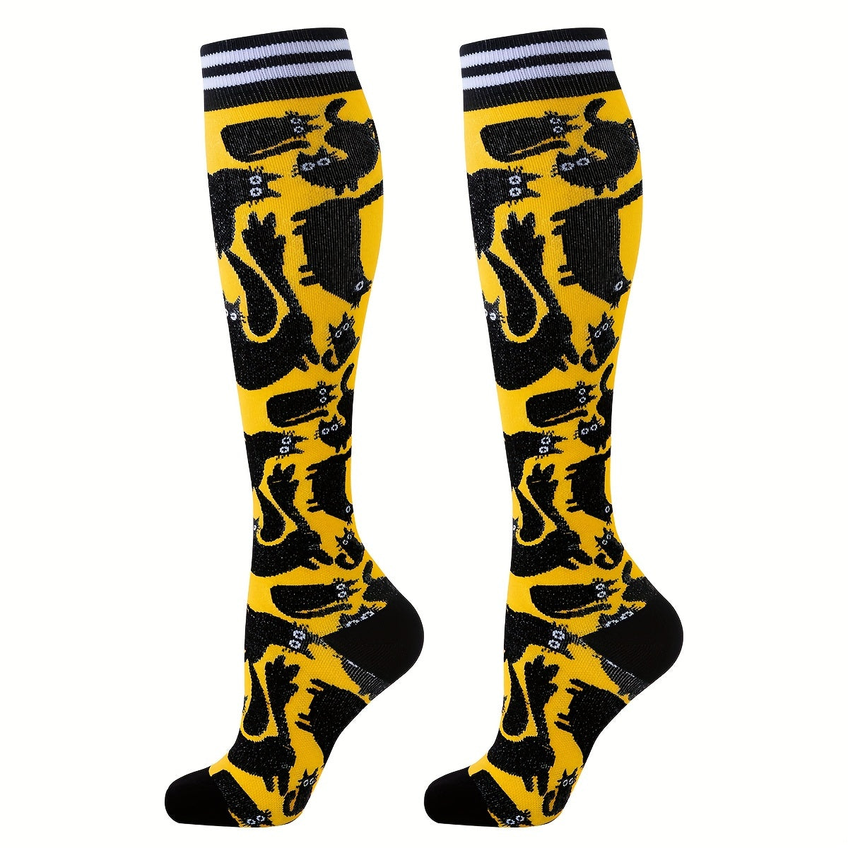 5 Pairs of Cartoon Cat Patterned Men's Over-The-Calf Breathable Compression Socks – Soft, Comfy, Moisture-Wicking, and Stylish for Outdoor Fitness Exercises