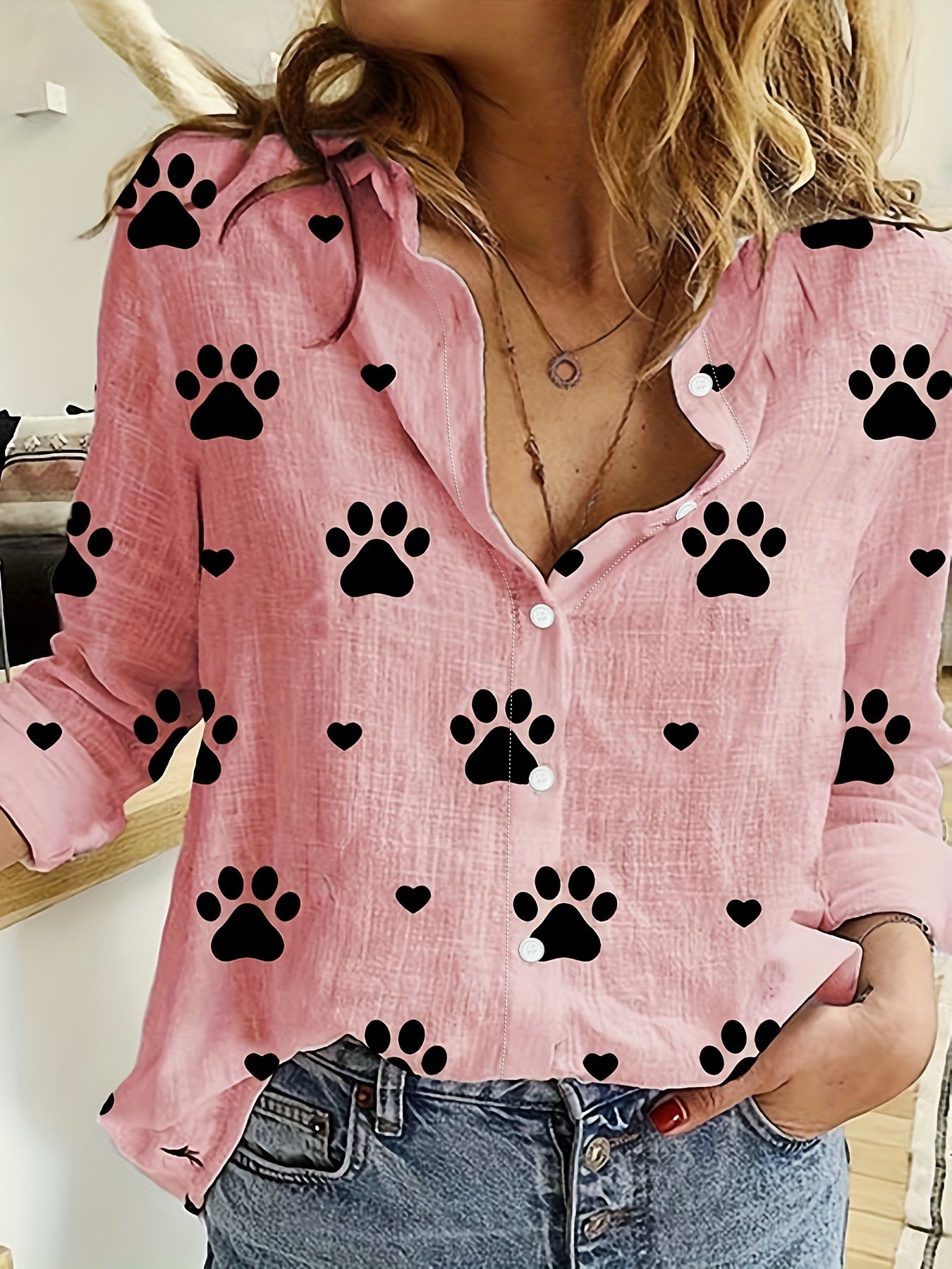 Paw Print Button Front Shirt – Cute & Casual Long Sleeve Top for Spring & Fall