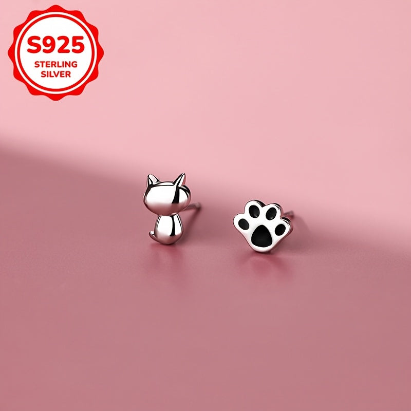 Elegant Cute Animal Theme 925 Sterling Silver Stud Earrings – Cat and Paw Print Design