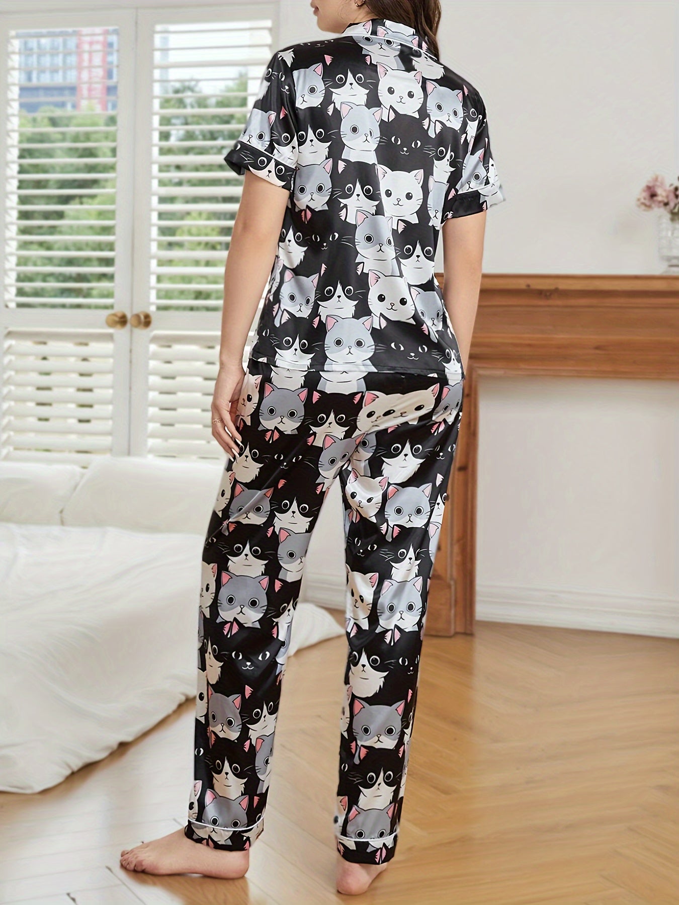 Cute Cat Print Satin Pajama Set – Short Sleeve Button Lapel Top & Elastic Pants, Women's Sleepwear