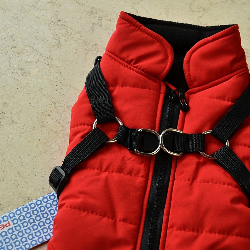 Warm Padded Dog Vest with Built-In Harness – Cozy Red Coat for Small Dogs