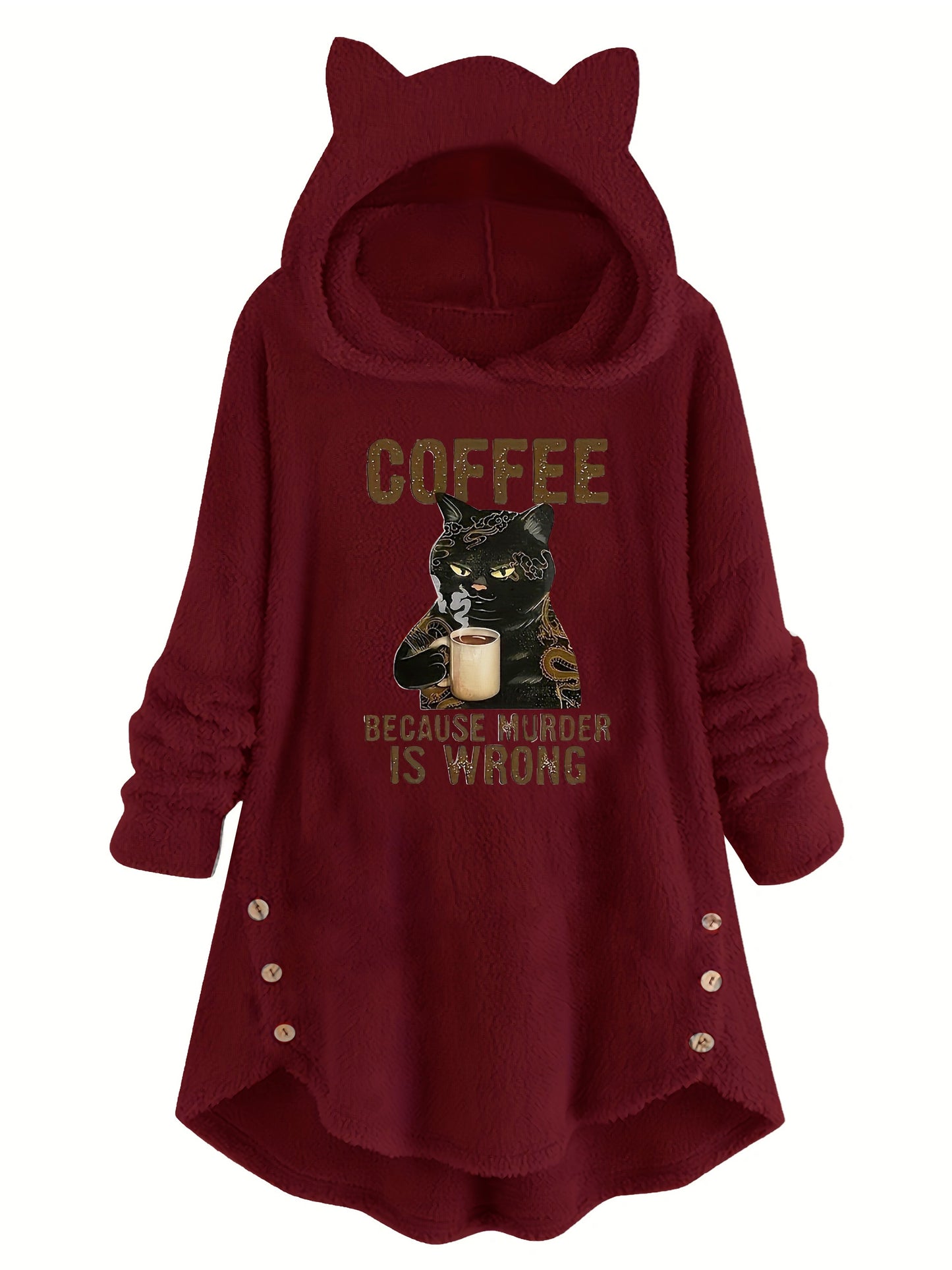 Cozy Cat & Slogan Print Teddy Hoodie for Women