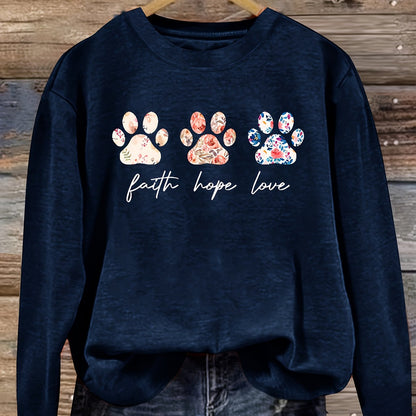 Women's Vintage Floral and Puppy Paw Print Crew Neck Top – Casual Long Sleeve, Polyester Blend