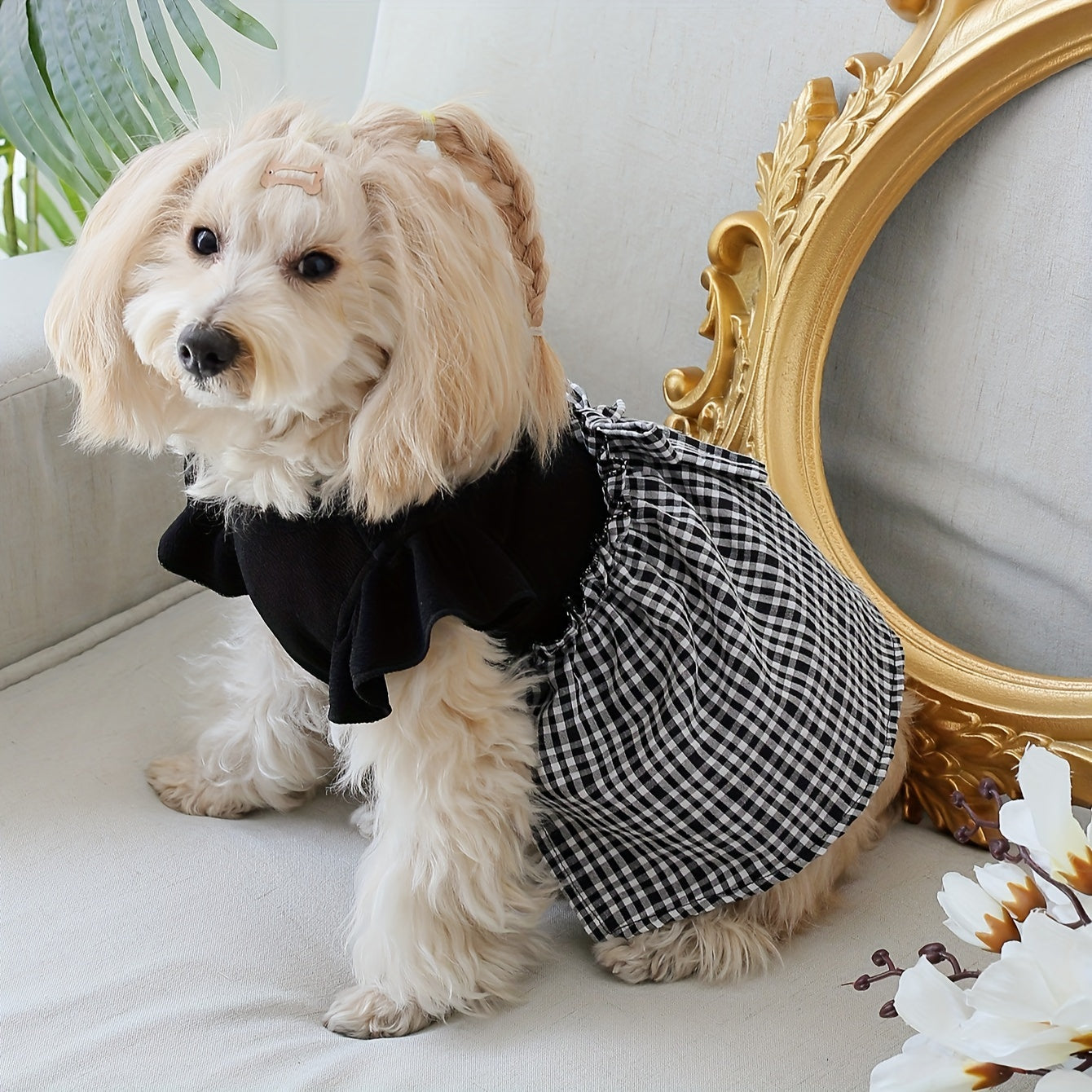 Dog Pastoral Plaid Bow Bud Dress with Flying Sleeves