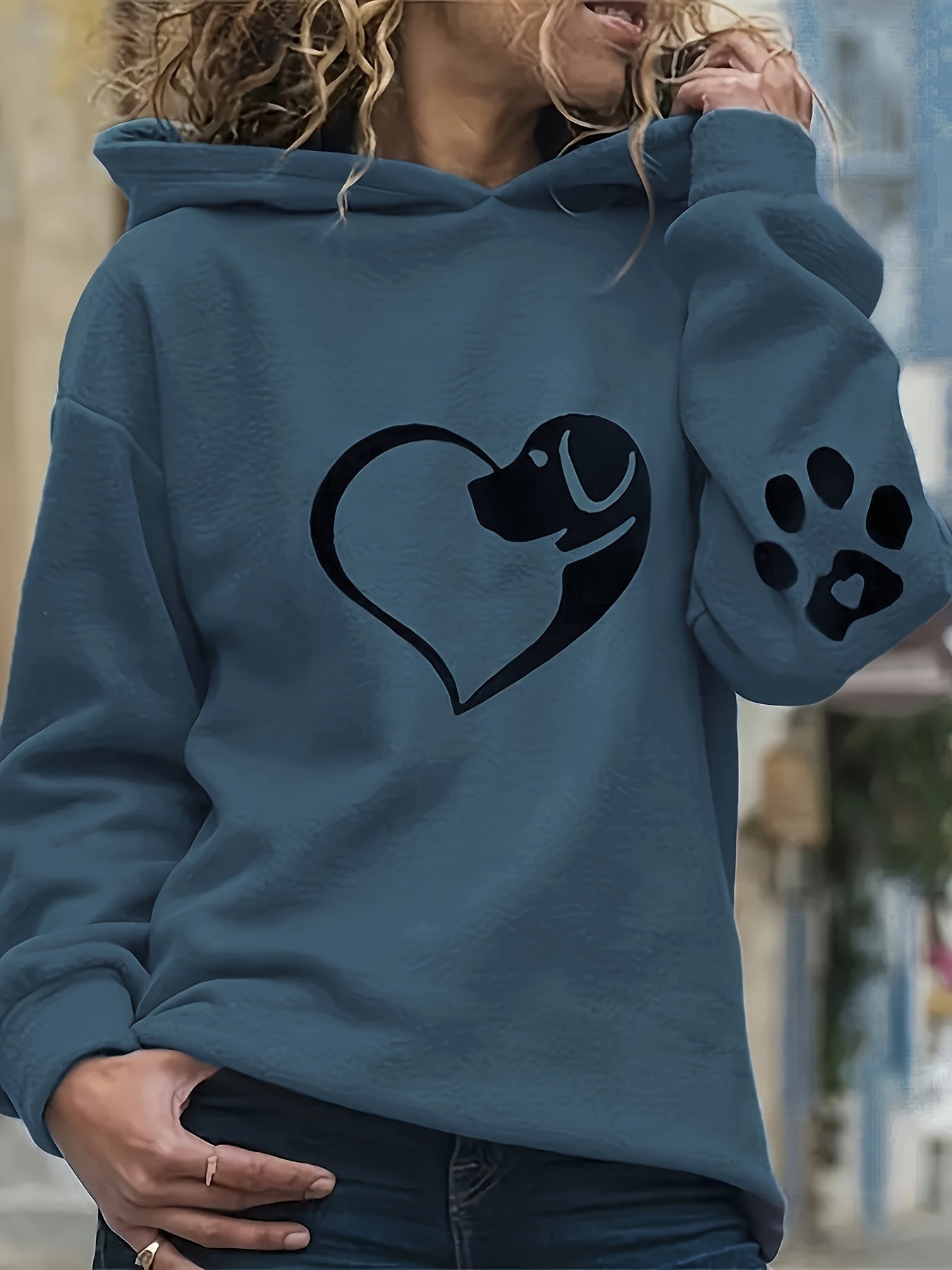 Casual Long Sleeve Dog & Heart & Paw Print Hoodie Sweatshirt – Women's Clothing