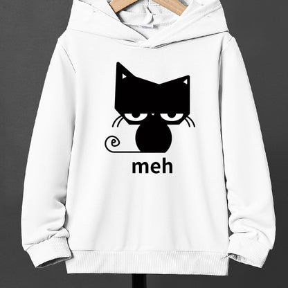 Boys' Casual Cat Print Hoodie – Comfortable Loose-Fit Long Sleeve Pullover for Fall/Winter