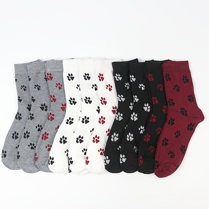 6 Pairs of Adorable Puppy Paw Print Socks – Fashionable Mid-Tube Socks for Women